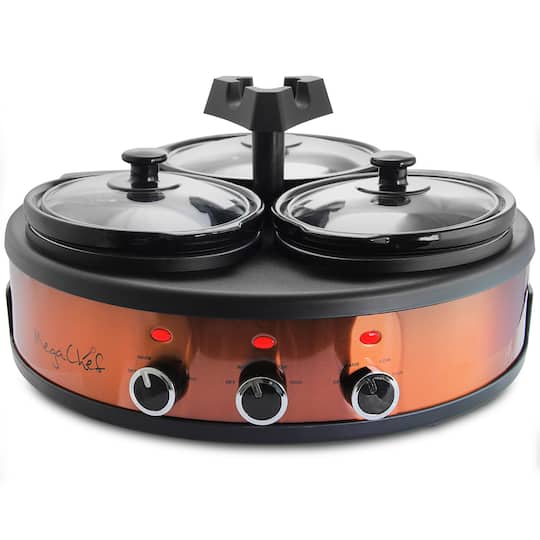 MegaChef Brushed Copper & Black Round Triple 1.5qt. Slow Cooker & Buffet Server Finish With 3 Ceramic Cooking Pots & Removable Lid Rests